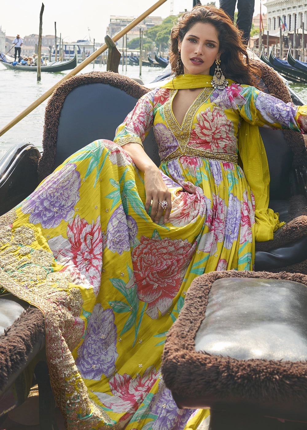 Pear Green Floral Embroidered Chinon Silk Anarkali Dress