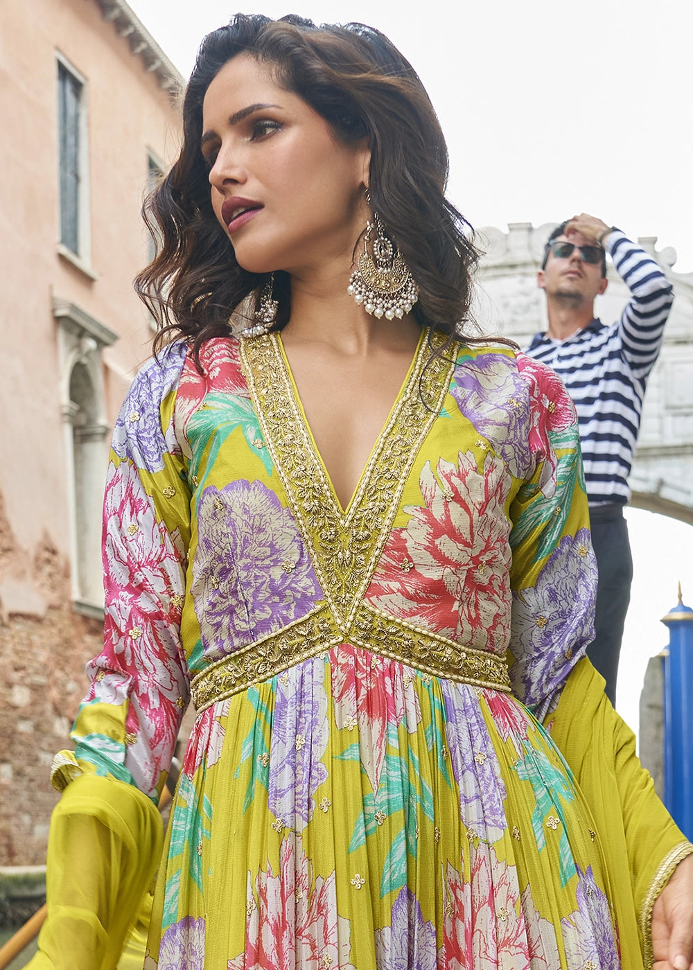Pear Green Floral Embroidered Chinon Silk Anarkali Dress