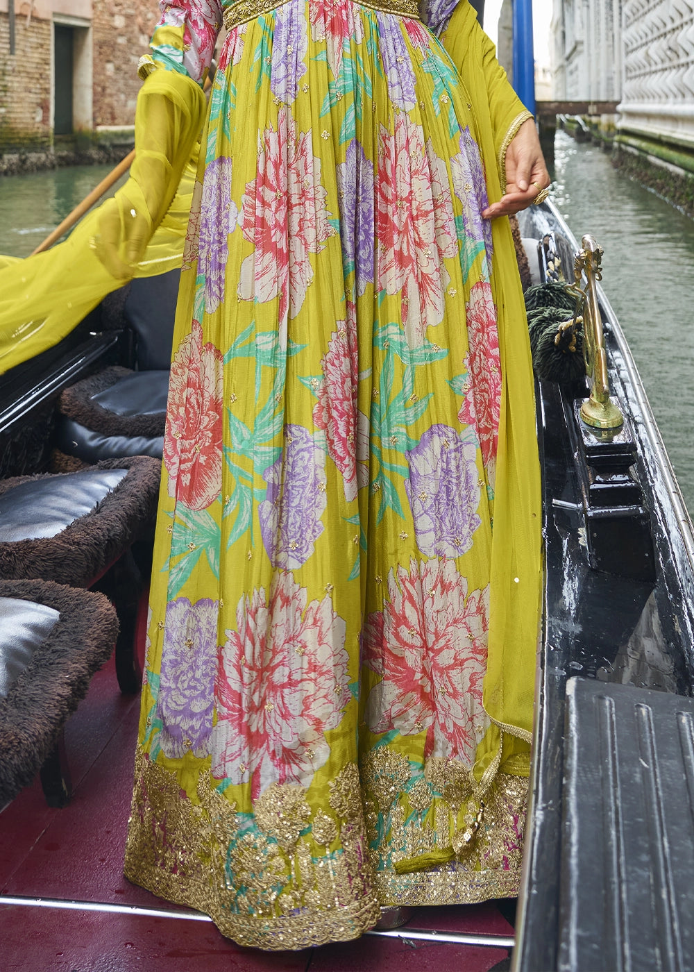 Pear Green Floral Embroidered Chinon Silk Anarkali Dress