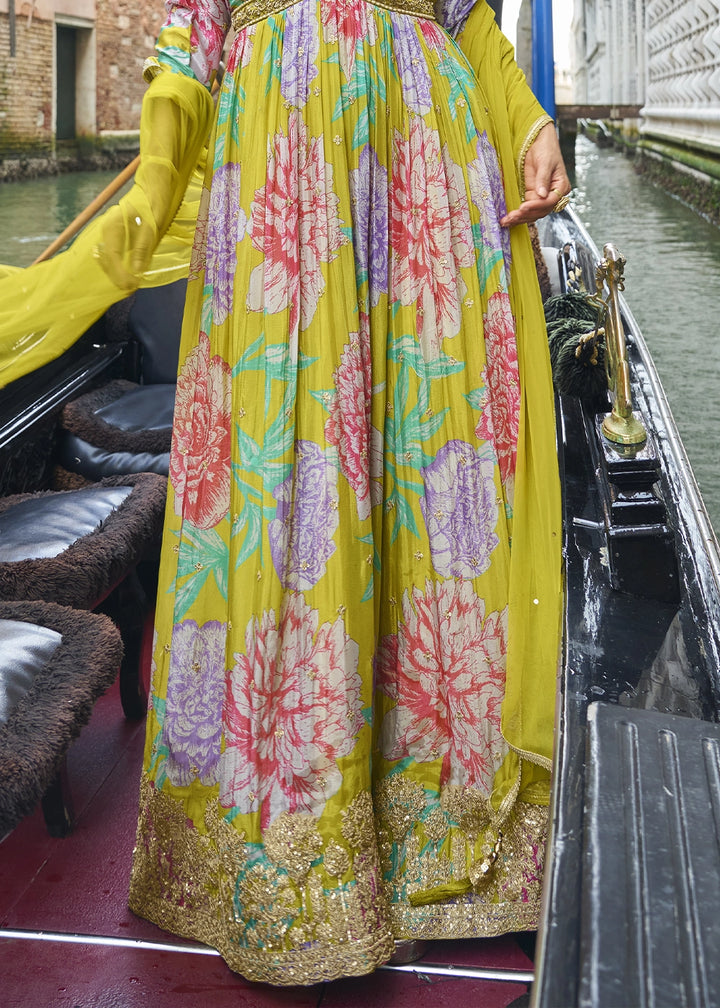 Pear Green Floral Embroidered Chinon Silk Anarkali Dress