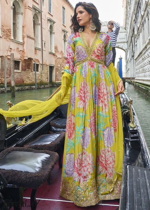 Pear Green Floral Embroidered Chinon Silk Anarkali Dress