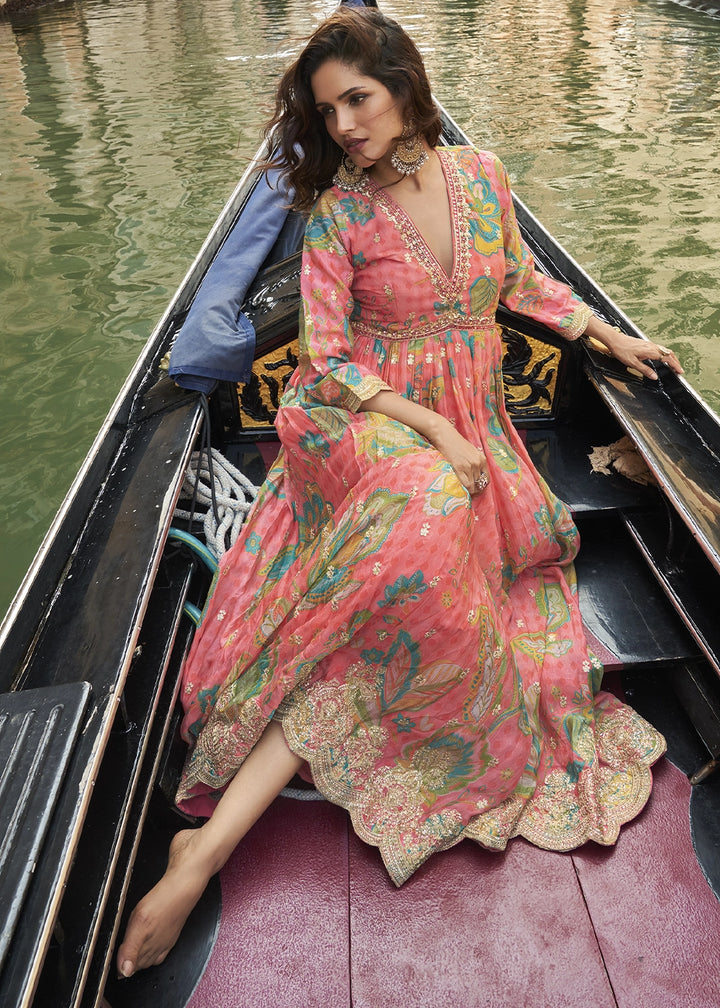 Peach Pink Floral Embroidered Chinon Silk Anarkali Dress