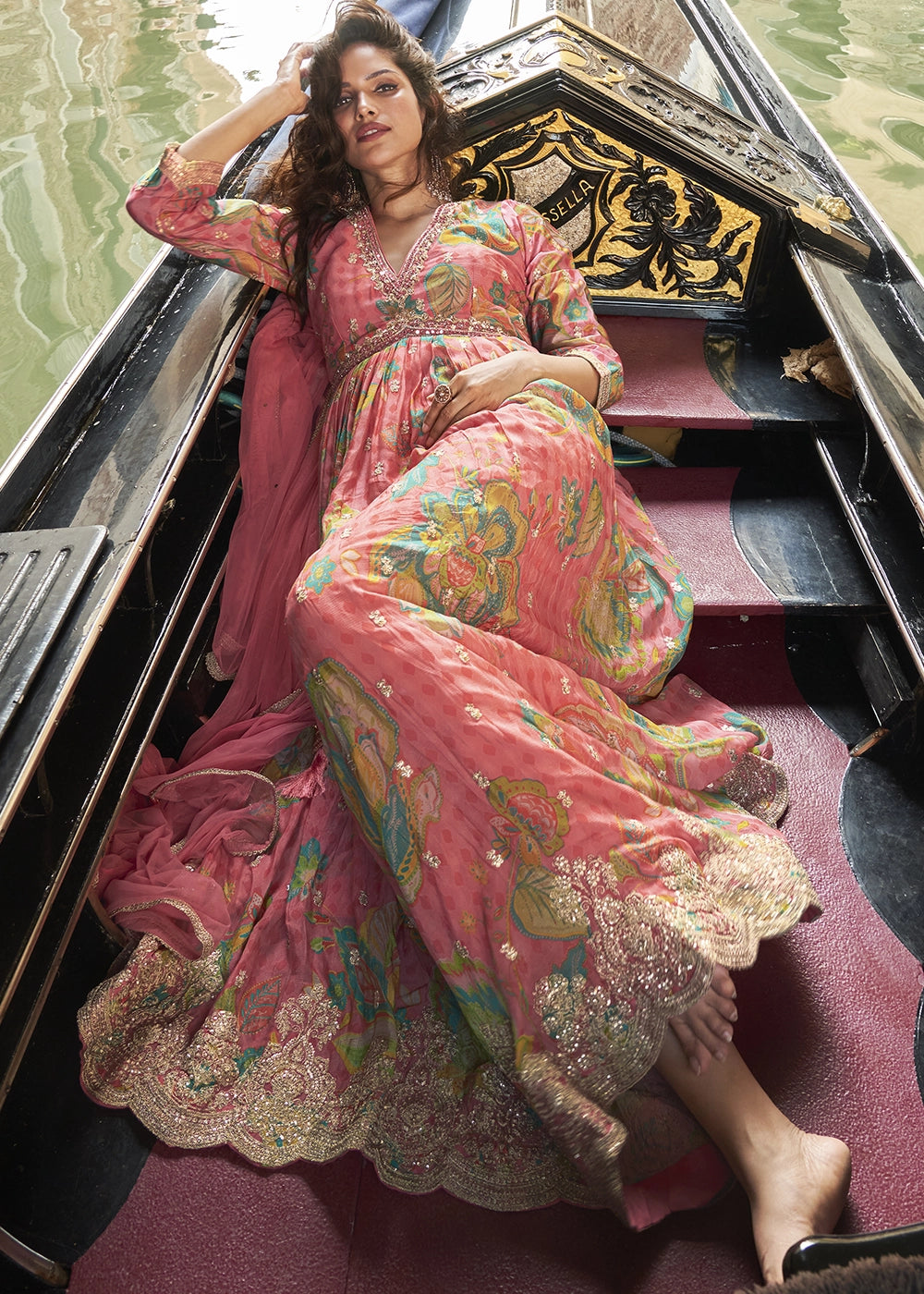 Peach Pink Floral Embroidered Chinon Silk Anarkali Dress