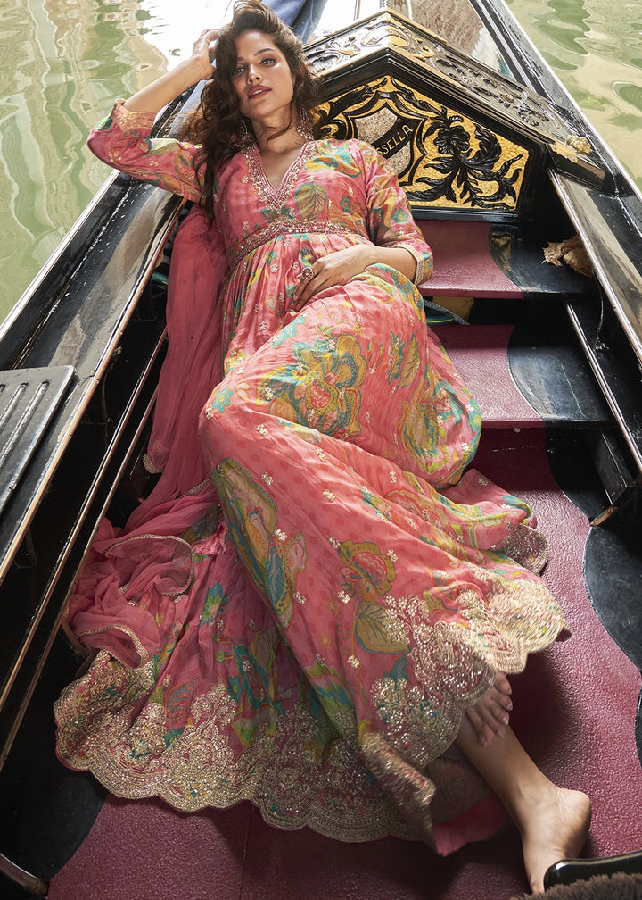 Peach Pink Floral Embroidered Chinon Silk Anarkali Dress
