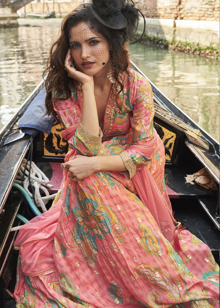 Peach Pink Floral Embroidered Chinon Silk Anarkali Dress