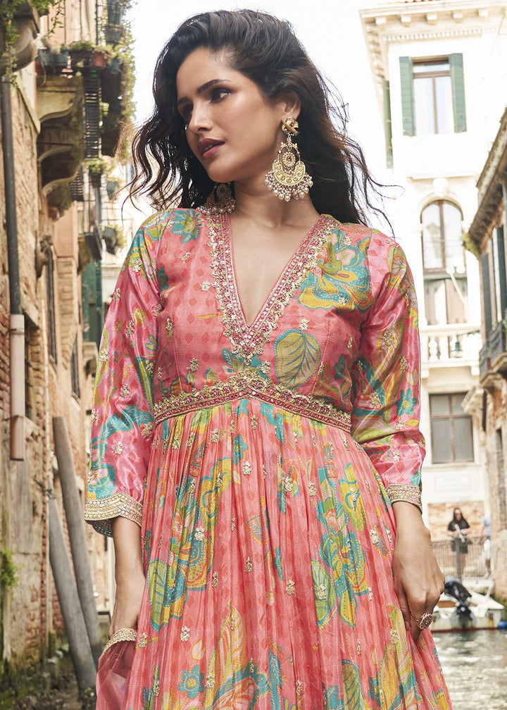 Peach Pink Floral Embroidered Chinon Silk Anarkali Dress