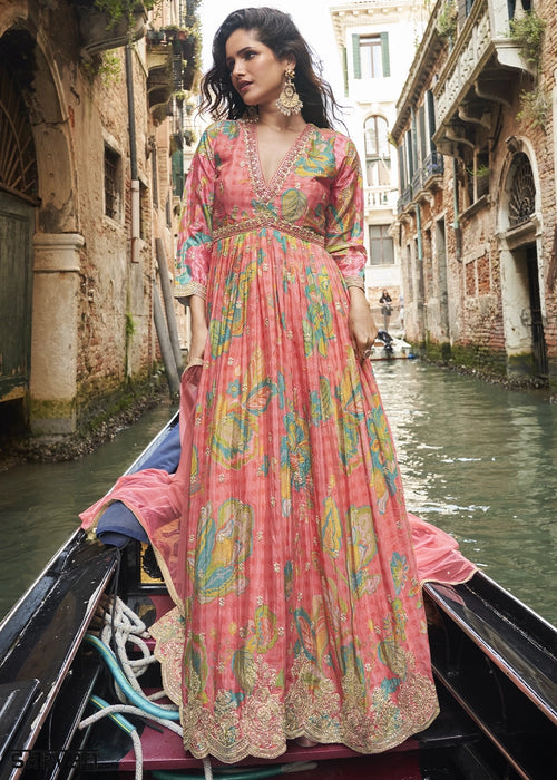 Peach Pink Floral Embroidered Chinon Silk Anarkali Dress