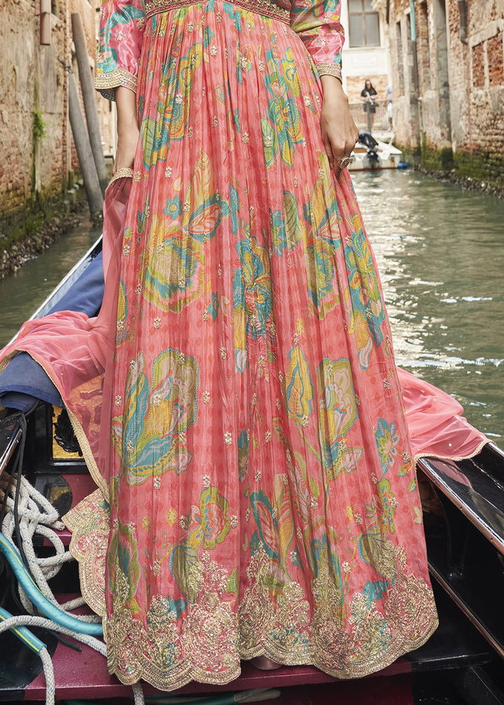 Peach Pink Floral Embroidered Chinon Silk Anarkali Dress