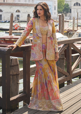 Grey & Brown Printed Chinon Silk Blouse Gharara Set with Handcrafted Mirror Jacket