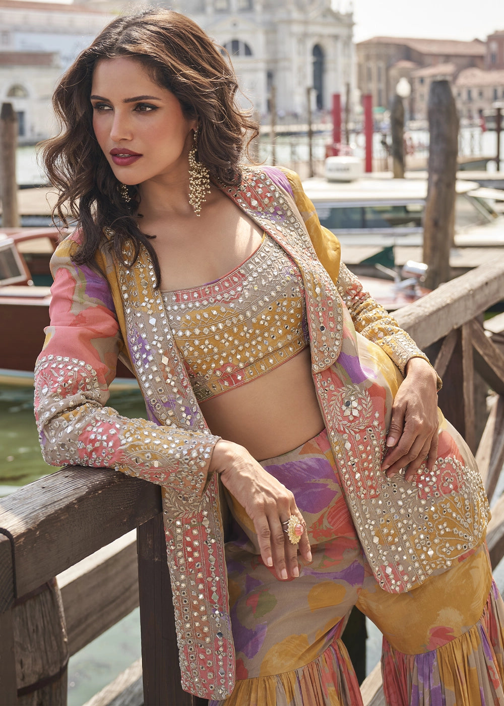 Grey & Brown Printed Chinon Silk Blouse Gharara Set with Handcrafted Mirror Jacket