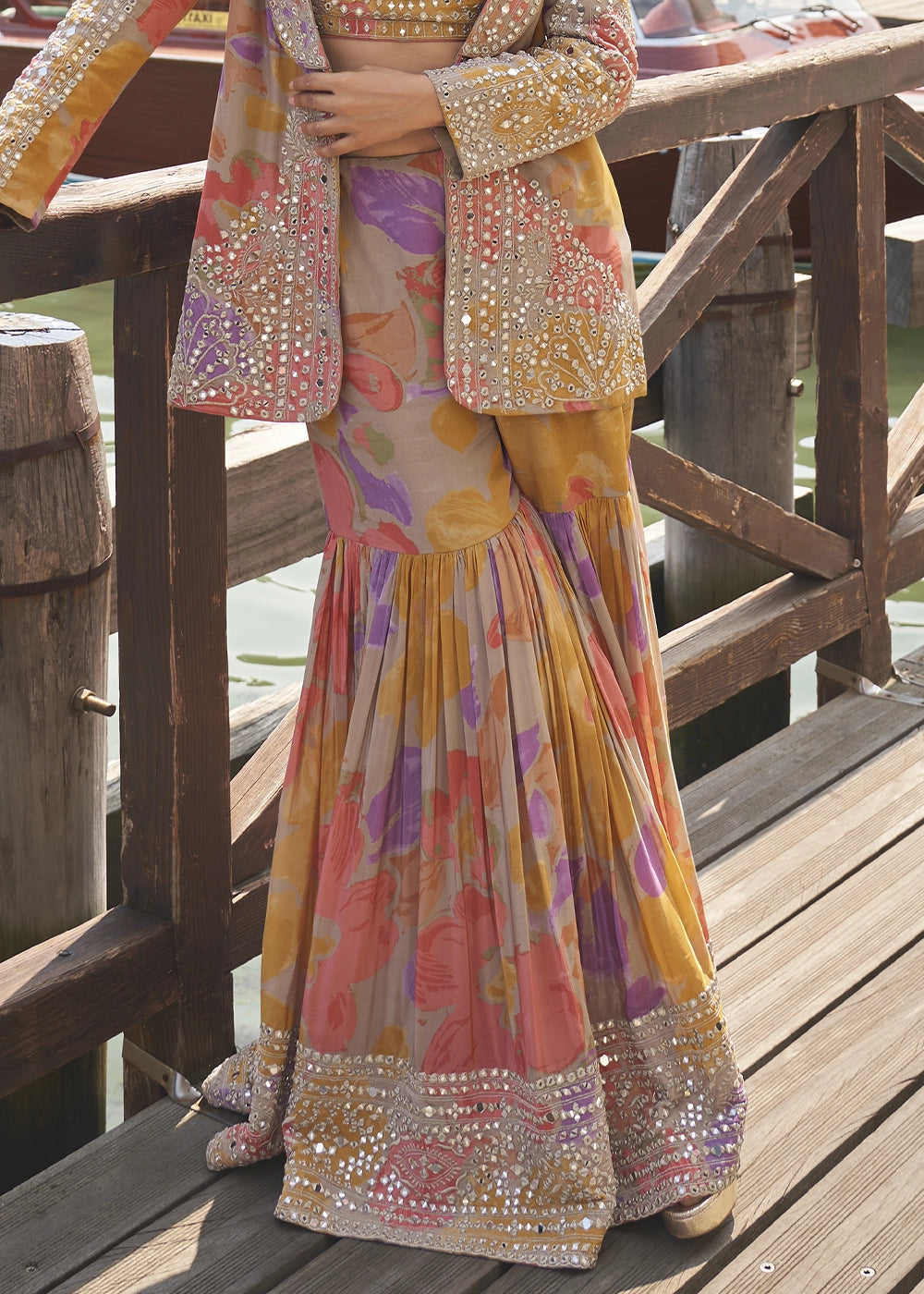 Grey & Brown Printed Chinon Silk Blouse Gharara Set with Handcrafted Mirror Jacket