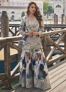 White & Blue Printed Chinon Silk Blouse Gharara Set with Handcrafted Mirror Jacket