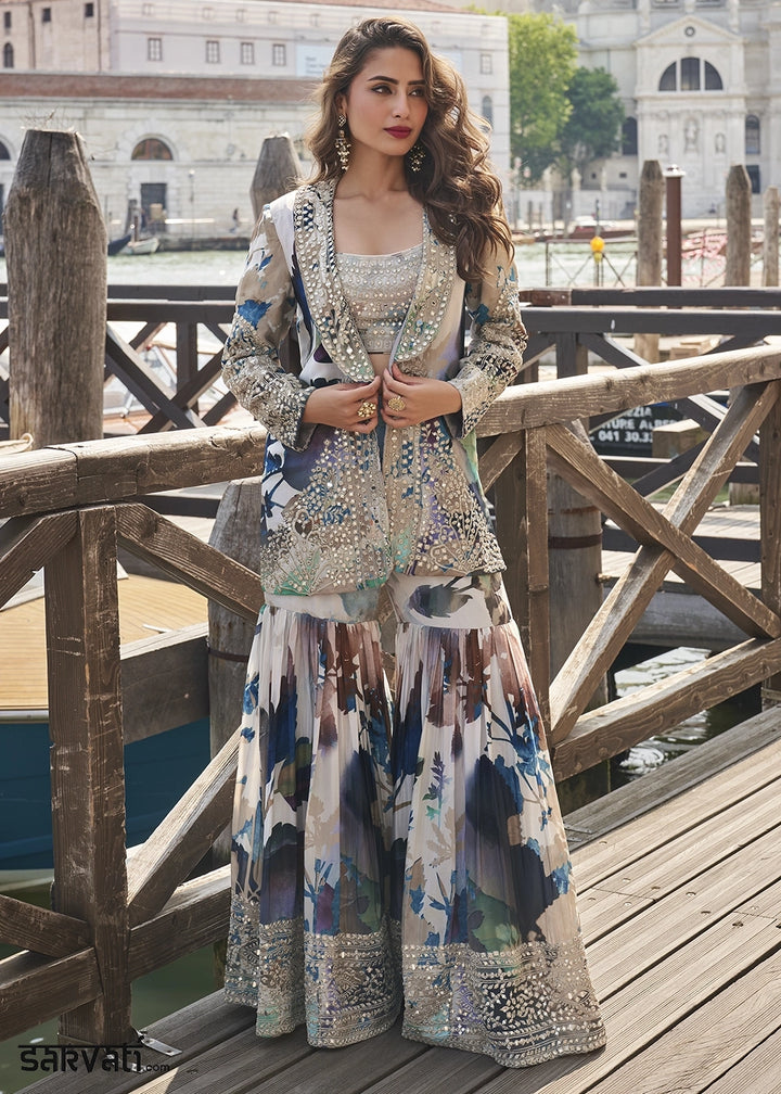 White & Blue Printed Chinon Silk Blouse Gharara Set with Handcrafted Mirror Jacket