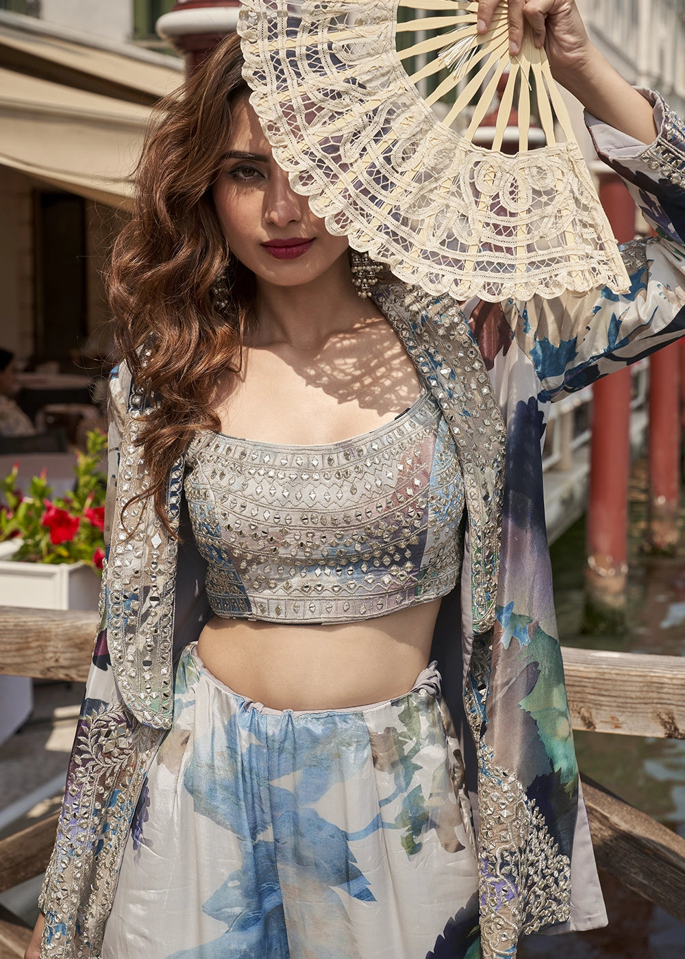 White & Blue Printed Chinon Silk Blouse Gharara Set with Handcrafted Mirror Jacket