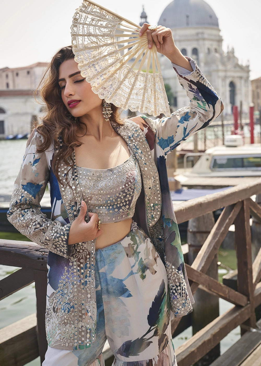 White & Blue Printed Chinon Silk Blouse Gharara Set with Handcrafted Mirror Jacket