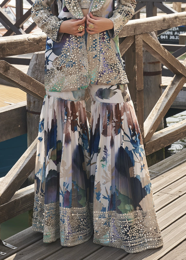 White & Blue Printed Chinon Silk Blouse Gharara Set with Handcrafted Mirror Jacket