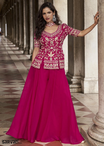 Magenta Pink Organza Silk Front & Back Embroidered Palazzo Suit