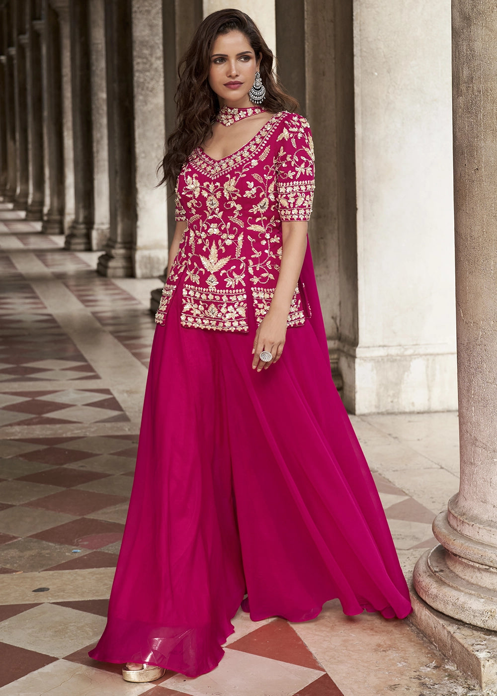 Magenta Pink Organza Silk Front & Back Embroidered Palazzo Suit