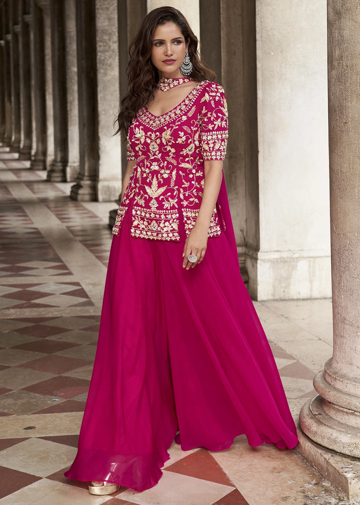 Magenta Pink Organza Silk Front & Back Embroidered Palazzo Suit