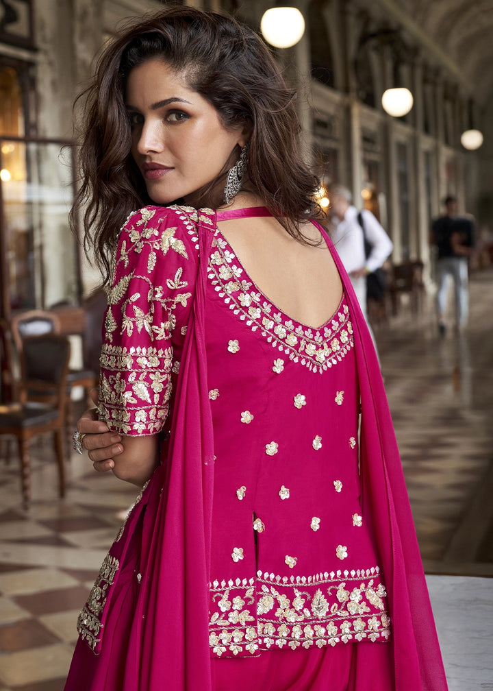 Magenta Pink Organza Silk Front & Back Embroidered Palazzo Suit