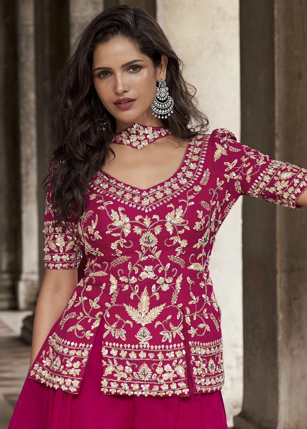 Magenta Pink Organza Silk Front & Back Embroidered Palazzo Suit
