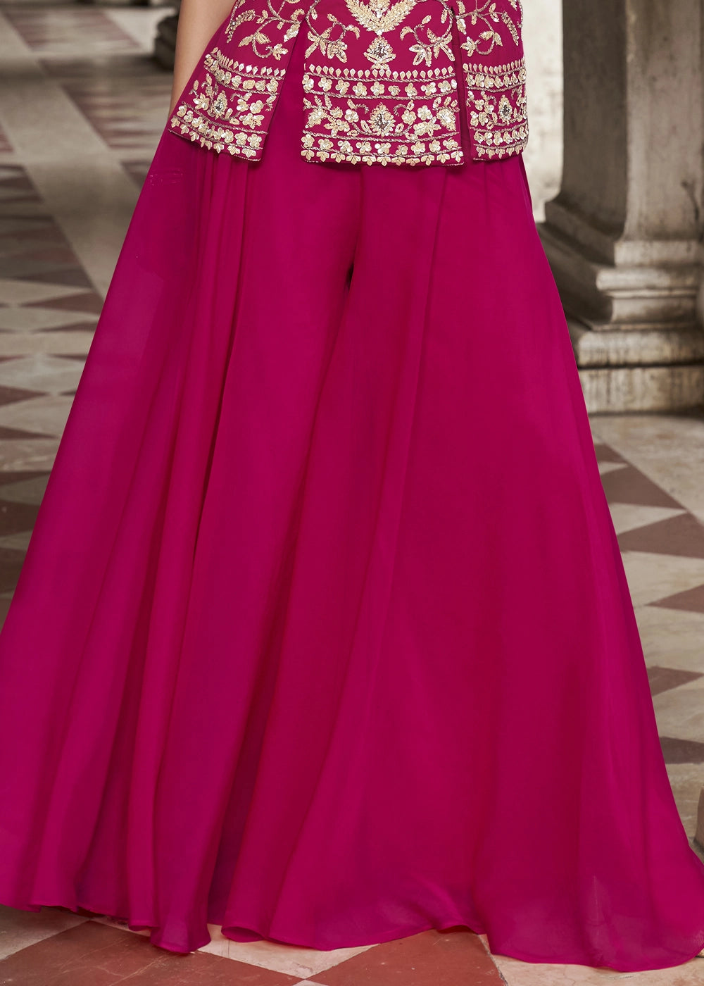 Magenta Pink Organza Silk Front & Back Embroidered Palazzo Suit
