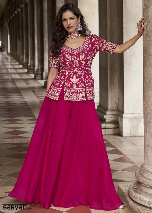Magenta Pink Organza Silk Front & Back Embroidered Palazzo Suit