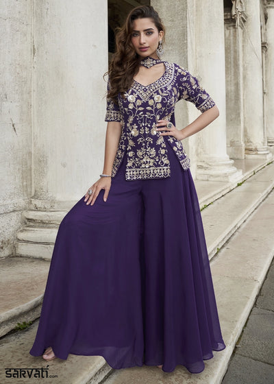Eggplant Purple Organza Silk Front & Back Embroidered Palazzo Suit