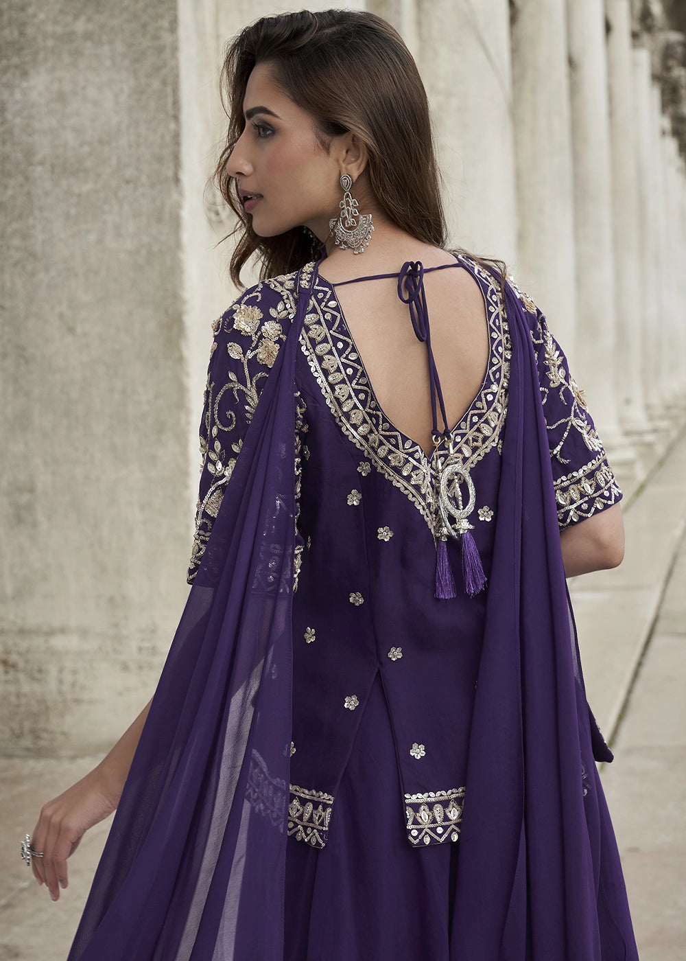 Eggplant Purple Organza Silk Front & Back Embroidered Palazzo Suit