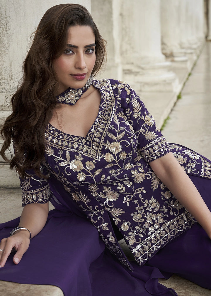 Eggplant Purple Organza Silk Front & Back Embroidered Palazzo Suit