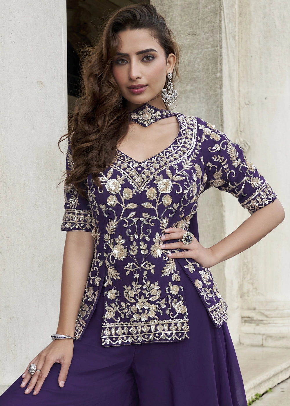 Eggplant Purple Organza Silk Front & Back Embroidered Palazzo Suit