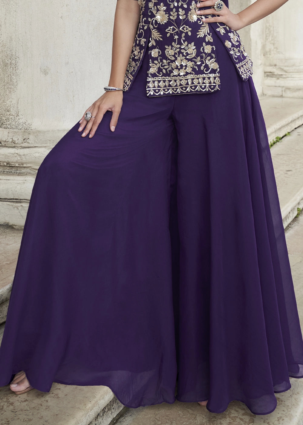Eggplant Purple Organza Silk Front & Back Embroidered Palazzo Suit