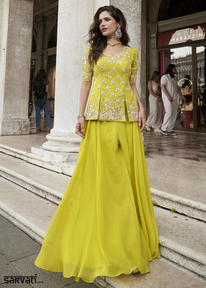 Chartreuse Green Organza Silk Front & Back Embroidered Palazzo Suit