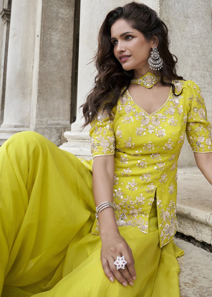 Chartreuse Green Organza Silk Front & Back Embroidered Palazzo Suit