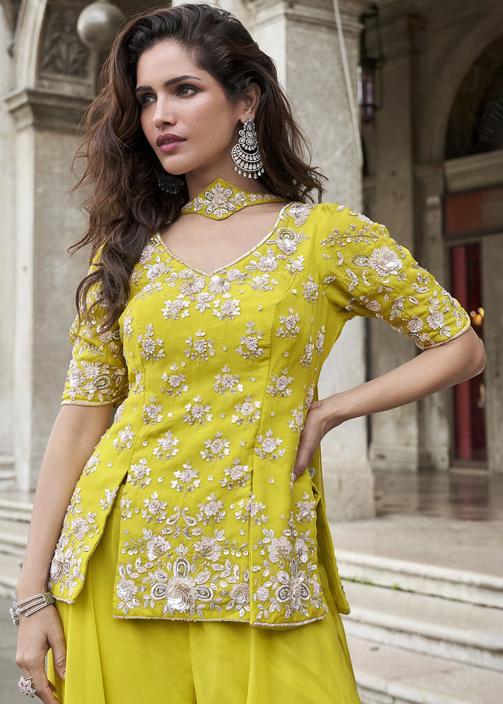 Chartreuse Green Organza Silk Front & Back Embroidered Palazzo Suit