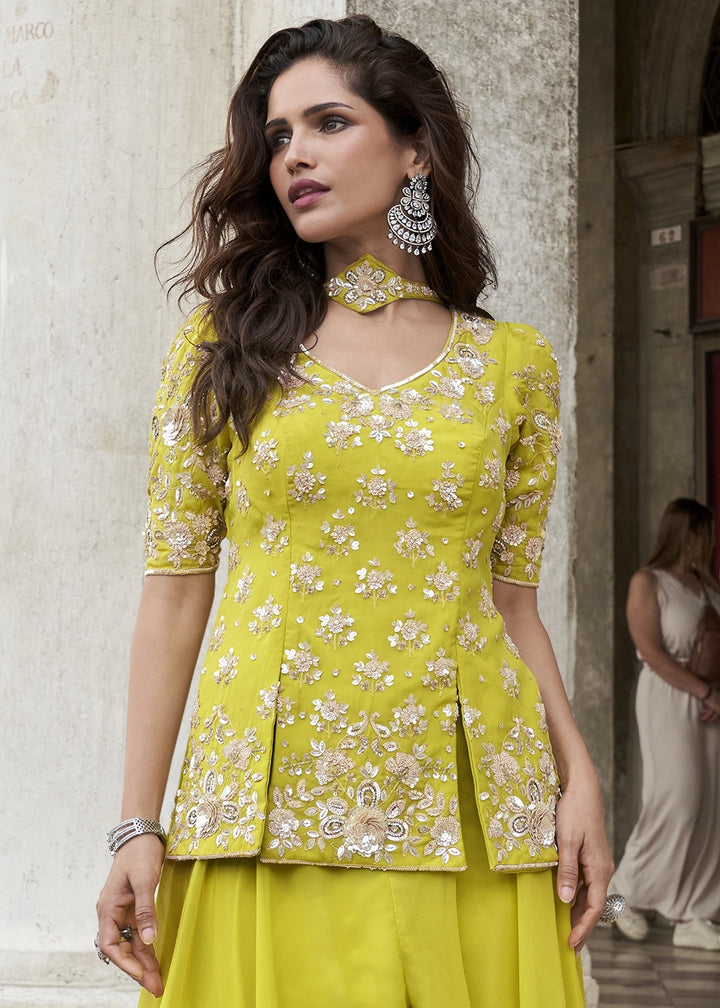 Chartreuse Green Organza Silk Front & Back Embroidered Palazzo Suit