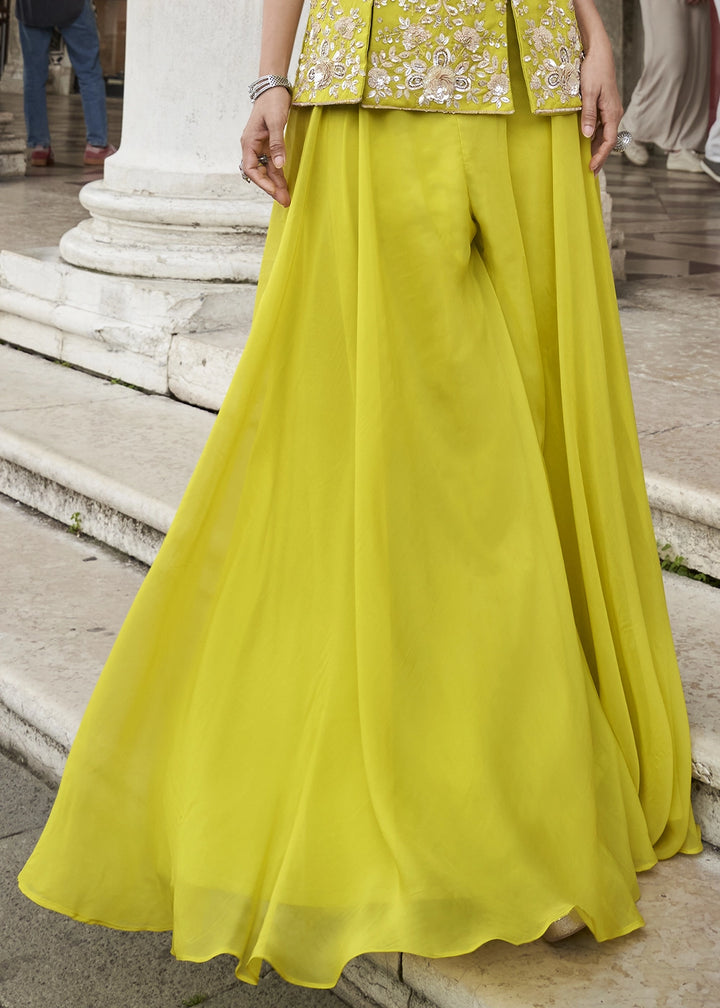 Chartreuse Green Organza Silk Front & Back Embroidered Palazzo Suit