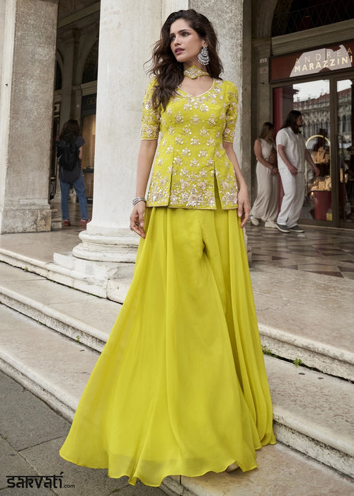 Chartreuse Green Organza Silk Front & Back Embroidered Palazzo Suit