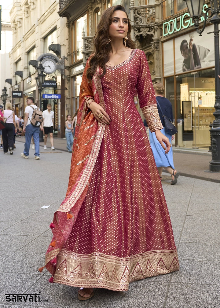 Shades Of Brown Viscose Jacquard Silk Anarkali Gown with Intricate Front and Back Embroidery