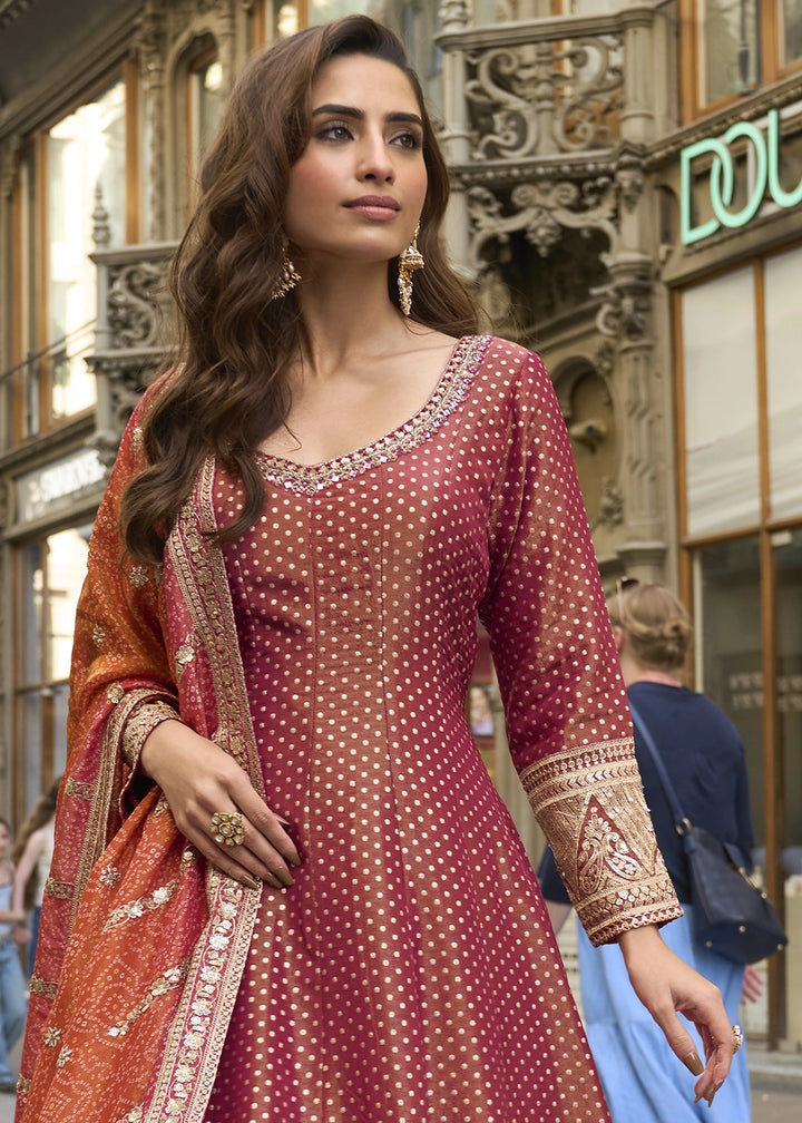 Shades Of Brown Viscose Jacquard Silk Anarkali Gown with Intricate Front and Back Embroidery