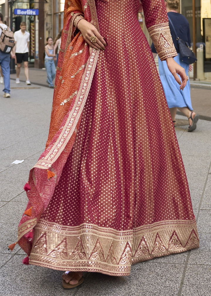 Shades Of Brown Viscose Jacquard Silk Anarkali Gown with Intricate Front and Back Embroidery