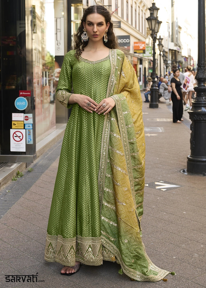 Shades Of Green Viscose Jacquard Silk Anarkali Gown with Intricate Front and Back Embroidery