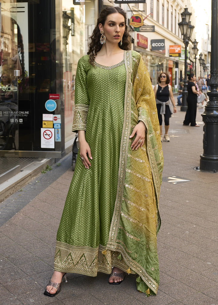 Shades Of Green Viscose Jacquard Silk Anarkali Gown with Intricate Front and Back Embroidery