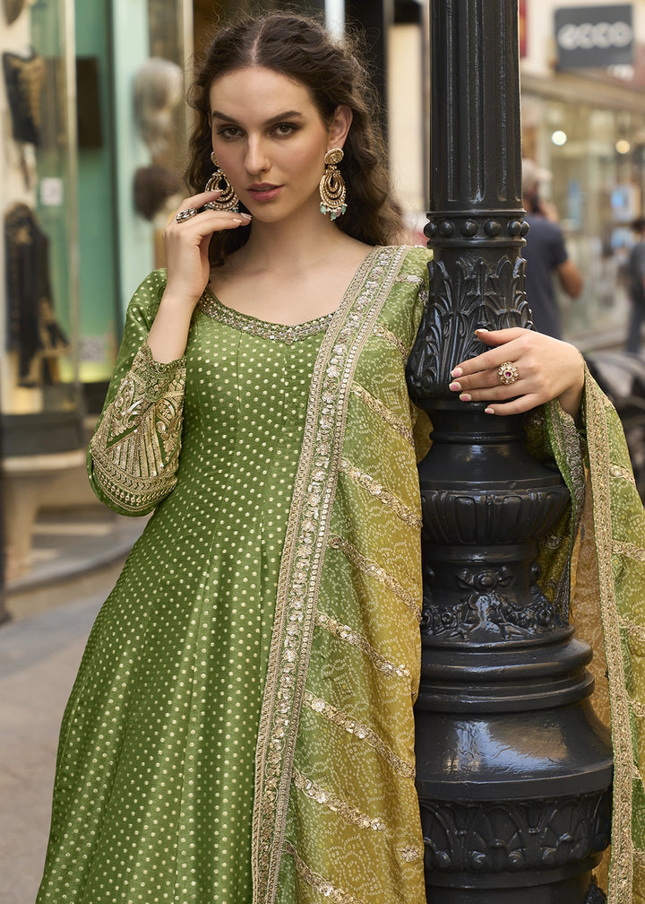 Shades Of Green Viscose Jacquard Silk Anarkali Gown with Intricate Front and Back Embroidery