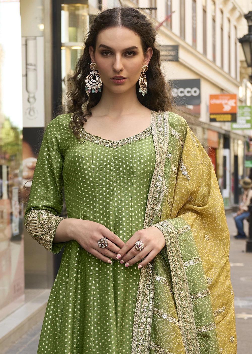 Shades Of Green Viscose Jacquard Silk Anarkali Gown with Intricate Front and Back Embroidery