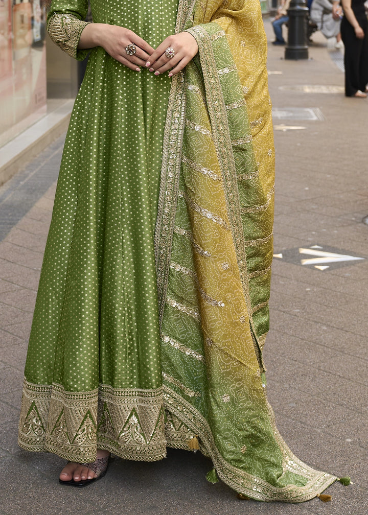 Shades Of Green Viscose Jacquard Silk Anarkali Gown with Intricate Front and Back Embroidery