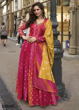 Shades Of Pink Viscose Jacquard Silk Anarkali Gown with Intricate Front and Back Embroidery