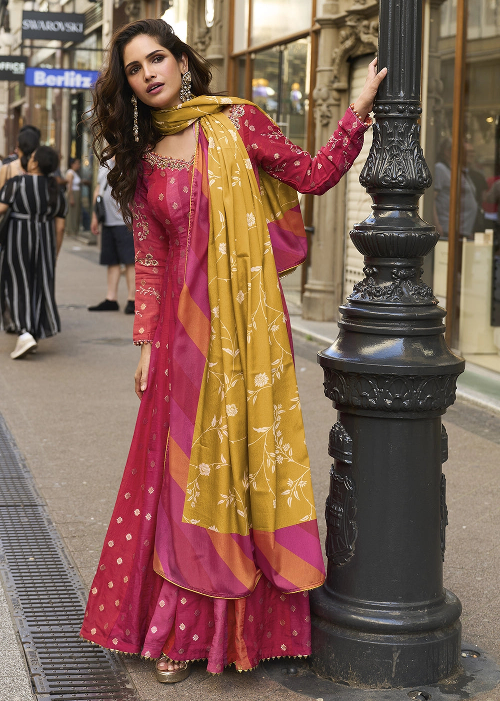 Shades Of Pink Viscose Jacquard Silk Anarkali Gown with Intricate Front and Back Embroidery