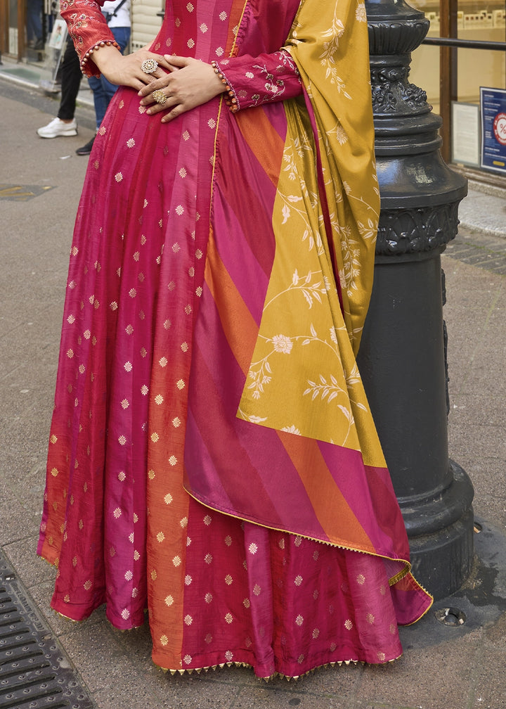 Shades Of Pink Viscose Jacquard Silk Anarkali Gown with Intricate Front and Back Embroidery