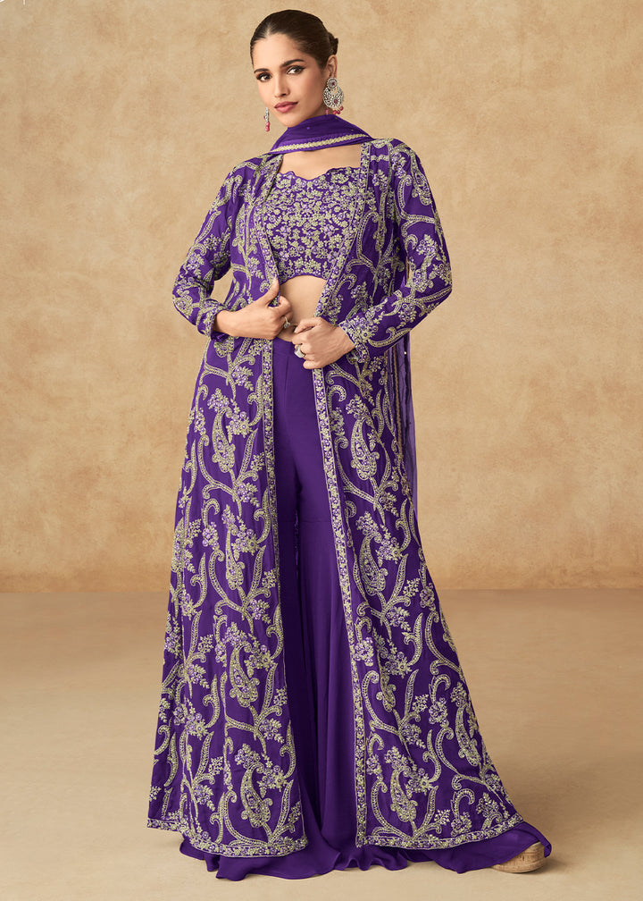 Designer Teal Blue Georgette Palazzo Set with Embroidered Long Jacket and Crop Top